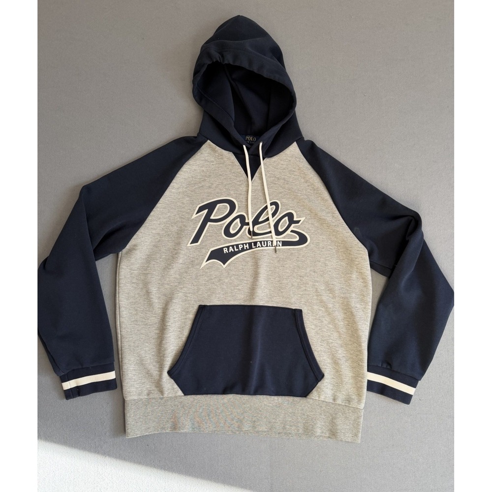 Polo Ralph Lauren Men L Hoodie Logo Navy Gray Sportswear Sweatshirt Thick Raglan